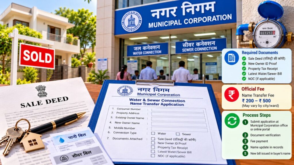 मकान बेचने के बाद नगर निगम के पानी और सीवर उपभोक्ता रिकॉर्ड में नए खरीदार का नाम (Name Transfer) अपडेट कराने की आधिकारिक फीस और दस्तावेज