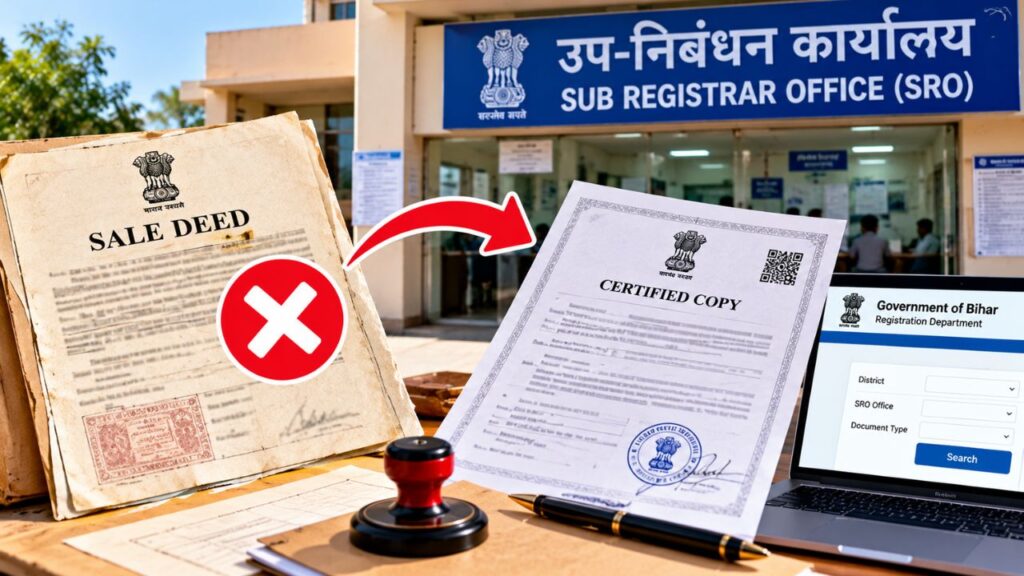मूल रजिस्ट्री दस्तावेज (Original Sale Deed) खो जाने पर बिहार (Bihar) के उप-निबंधन कार्यालय (SRO) से 'प्रमाणित प्रतिलिपि' (Certified Copy) प्राप्त करने के कानूनी चरण