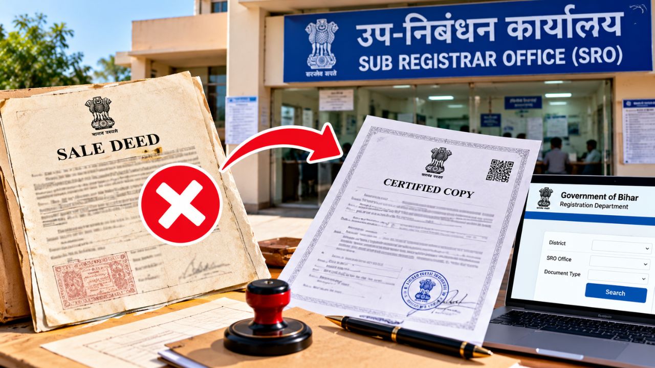 मूल रजिस्ट्री दस्तावेज (Original Sale Deed) खो जाने पर बिहार (Bihar) के उप-निबंधन कार्यालय (SRO) से 'प्रमाणित प्रतिलिपि' (Certified Copy) प्राप्त करने के कानूनी चरण