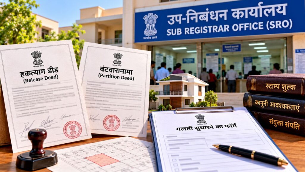 संयुक्त संपत्ति (Joint Property) की रजिस्ट्री कराते समय हिस्सेदारों के बीच 'हकत्याग डीड' (Release Deed) या 'बंटवारानामा' की कानूनी आवश्यकताएं और स्टाम्प शुल्क